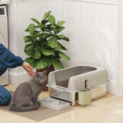 Bac à litière chat pour en acier inoxydable facile à nettoyer avec bords hauts anti-fuite d'urine. pelle inclus. gris