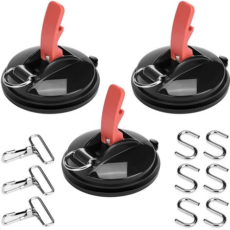 Set mit 3 Saugnäpfen und 6 S-Haken für Auto-Seitenmarkisen und Campingplanen (1/5)
