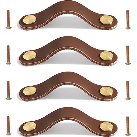 Poignées en Cuir 4 Pièces pour Placard, Tiroir, Boutons de Porte, Meuble - Délicat avec Vis pour Armoires de Cuisine - 16.8cm Marron (1/5)