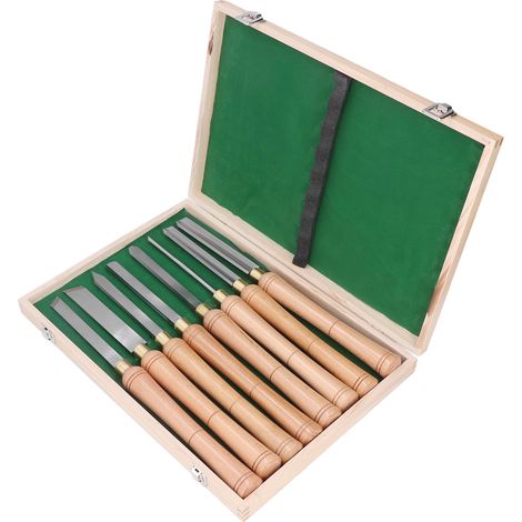 Jeu de 8 ciseaux à tourner, burins en acier rapide pour tour à bois, poignées en bois, outils de sculpture à main, lot professionnel. (1/5)