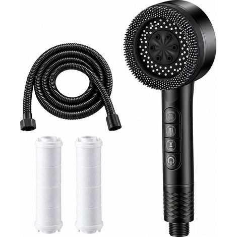 Pommeau de douche à main noir haute pression à quatre jets avec système de filtration, flexible de 2 mètres et 2 cartouches filtrantes inclus