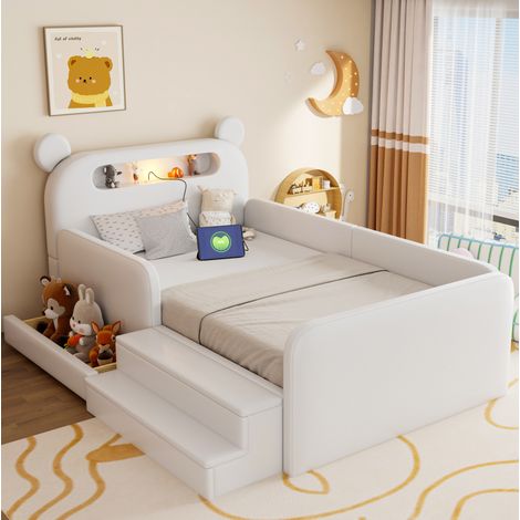 Letto per bambini imbottito in similpelle bianca 90x200 cm con testiera orsetto, luce notturna USB e contenitore (1/5)