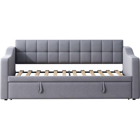 Sofá cama extensible 2 en 1 gris de terciopelo con puertos de carga y bolsillo HOMVRA (1/5)