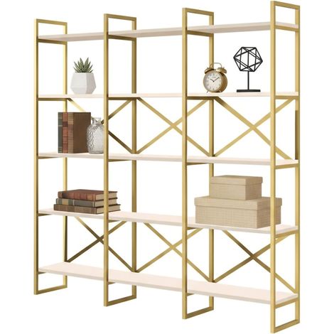 Dmora - Bücherregal Dpezzott, Büroregal, Mobiler Buchhalter, Bücherbrett, 170x30h175 cm, Weiß und Gold