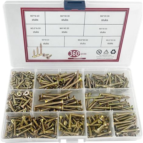 Jeu de vis pour panneaux d'aggloméré - Vis Pozidriv - Autoperceuses - 360 pièces - Pour bois et tôles - Jaune (1/5)