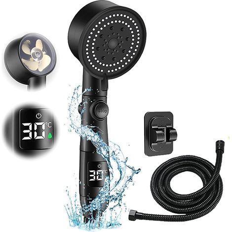 Pomme De Douche économe En Eau, 5 Modes économique Pomme De Douche, Tuyau De 2 M Pour Pommeau De Douche Avec Garniture D'arrêt D'eau, Pommeau De Douche Haute Pression (Noir) (1/5)