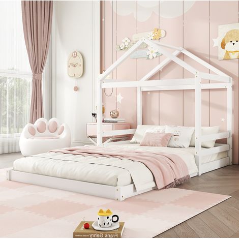Lit cabane enfant 140x200 cm en bois blanc, gain de place pour chambre, sans matelas FloraGrace (1/5)