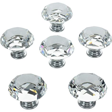 Lot de 6 poignées de porte en verre transparent pour tiroirs de placards de cuisine, 40 mm