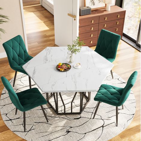 Conjunto de mesa y sillas de comedor hexagonal mármol blanco y verde DESVIAE (1/5)