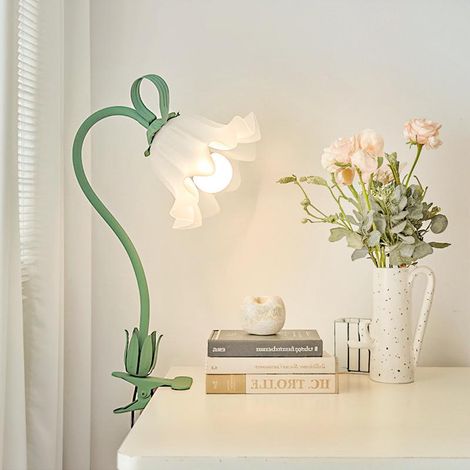 Lampe clip abat-jour acrylique fleur lampe de table lampe de chevet usb métal vert lampe de chevet rotative libre clip 3 modes (1/5)