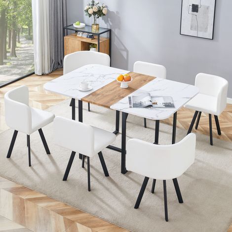 REDOM Set tavolo da pranzo 7 pezzi, tavolo allungabile 150x100x79 cm, piano in MDF, 6 sedie imbottita, bianco, per casa, per 6 persone (1/5)