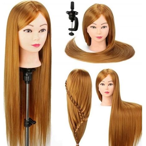 60cm Têtes à Coiffer avec de Long Cheveux Synthetiques Marron avec Support (1/4)