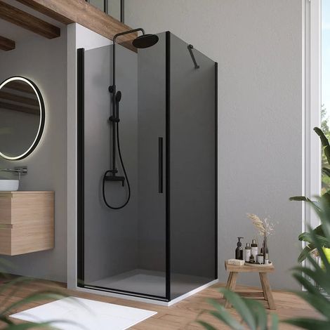 Cabine de douche 100x80 cm avec porte battante et paroi fixe profilés noir mat et verre fumé 6 mm h195 Elba (1/4)