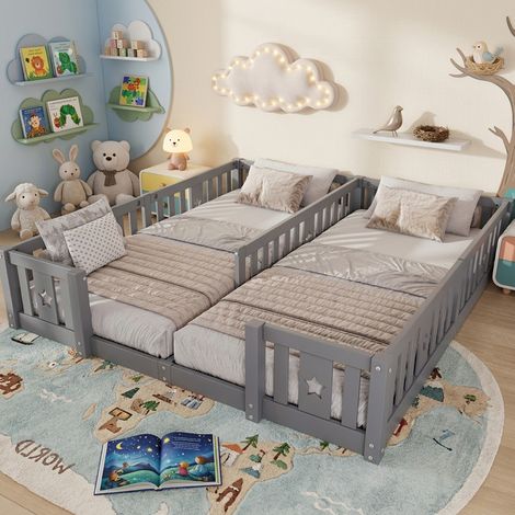 Lit au sol enfant 180x200cm - Lit Montessori avec barrière de sécurité - lit double 2 places pour bébé ou enfant - Pin massif gris