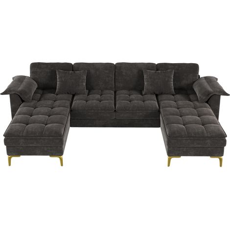 Canapé d'angle en U modulable 4 places avec double mousse, chaises longues, pieds en métal doré, revêtement en chenille gris (1/5)