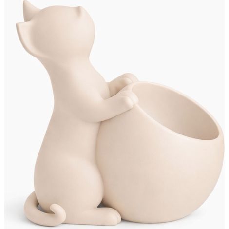 Maceta con un gato, cubierta decorativa para plantas de color beige. (1/3)