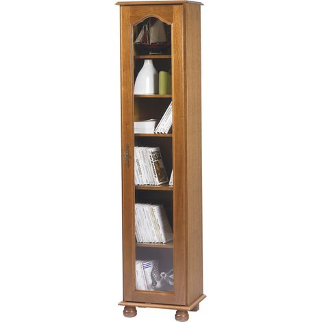 Beaux Meubles Pas Chers – Bibliothèque en chêne avec porte vitrée – 1 étagère fixe + 4 étagères réglables – Largeur 44.2 cm – Hauteur 182.2 cm – Profondeur 33 cm (1/5)