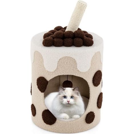 1 Panier pour Chat, Forme Bubble Tea avec Griffoir Rotatif 360°, Coussin Amovible et Pompon Suspendu, Idéal pour Intérieur