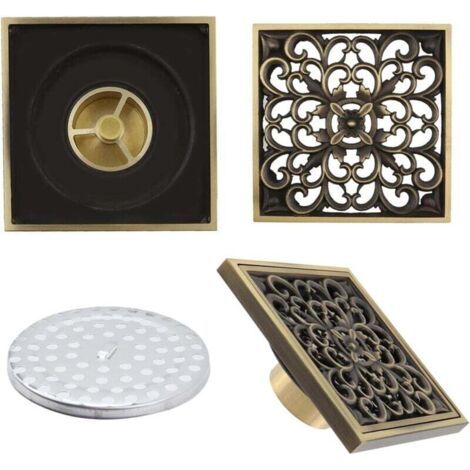Green Mobility-Bonde de sol en laiton  pour salle de bain – Bonde de douche carrée simple, ornée d'un motif floral antique, pour WC de jardin, 10 x 10 cm - 8730T (1/4)
