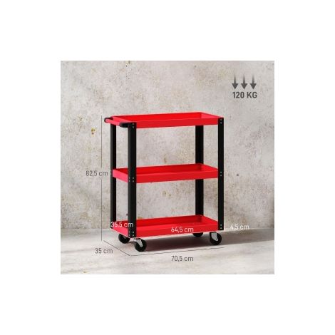 Chariot à outils rouge à 3 niveaux en métal avec roulettes et poignée, supportant 120 kg pour atelier, garage et chantier (1/5)