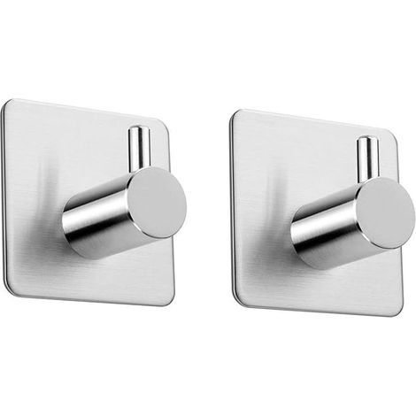 Lot de 2 Crochets Muraux Carrés Sans Perçage - Patères Autocollantes en Acier Inoxydable Brossé, Argent (1/5)