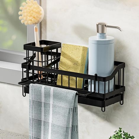 Rangement Evier, Porte Eponge Evier Mural avec Bac Vidange, Organiseur pour évier Porte-Serviettes, Panier d'évier de Cuisine Suspendu ou Posé sur le Plan Travail (Noir) -'Parent'-'- (1/5)