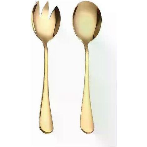 Ensemble de couverts dorés : cuillère à salade, fourchette, pour service de table, finition dorée, pièces de cuisine pour repas et buffet (1/5)