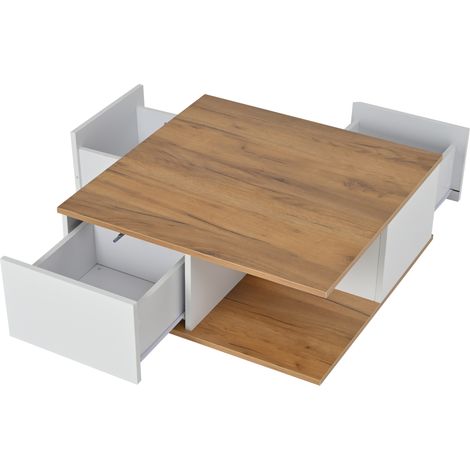 Mesa de Centro Cuadrada con 3 Cajones y Hueco Abierto, Acabado Brillante, en Tablero de Partículas, Blanco y Nogal, 70×70×31,5 cm (1/5)