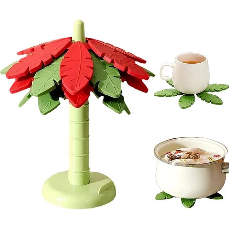Lot de 4 dessous de plat en silicone motif sapin de Noël, pour casseroles et poêles chaudes, sans BPA, résistants à la chaleur, avec support pour téléphone, antidérapants et de protection pour table ( (1/5)