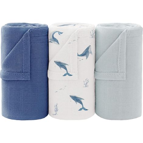 Couverture d’Emmaillotage Bébé,Lot de 3 Mousseline Bambou Coton Gaze de Absorbant de Mousseline Couverture pour Bébé Doux Respirant pour Unisexe Bébé,95x100cm (Bleu) (1/5)