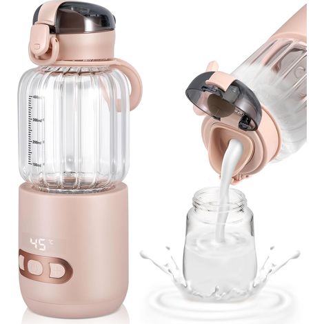 Chauffe Biberon Nomade, Chauffe Eau Portable Voiture 400ml, Chauffe-plats pour Bébé Visuel avec Contrôle de Température pour Voyages Extérieur, Température Réglable de 37°C à 55°C(Rose)