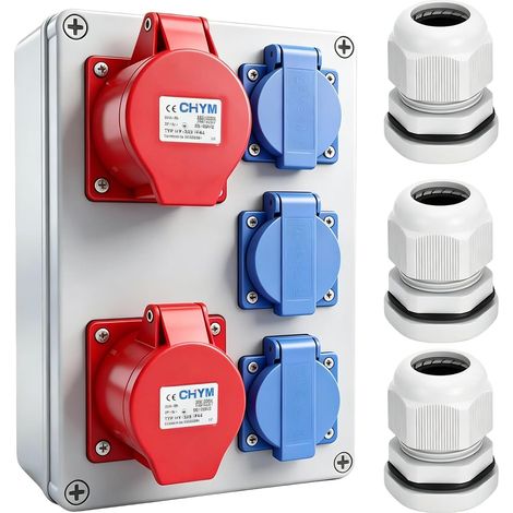 Répartiteur de courant en saillie avec boîte à fusibles, étanche IP67, prise CEE à courant fort 16 A et 32 A + 3 prises Schuko 230 V, prise industrielle pour chantier, atelier et jardin (1/5)