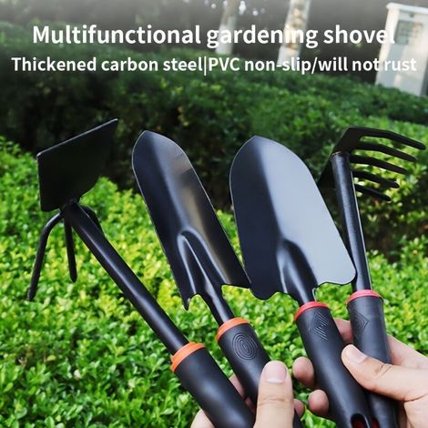 Lot de 4 outils de jardinage : pelle large, pelle étroite, râteau 5 dents et râteau double pour plantation, extérieur et plage (1/4)