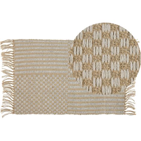Alfombra de pasillo beige algodón yute con flecos 50 x 80 cm tejida a mano boho pasillo dormitorio Adabag (1/5)