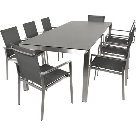 SYDNEY: Garnitur 9-teilig (8x Stapelsessel mit Armlehnen, 1x Ausziehtisch 180/240x100cm rechteckig), Gestell Edelstahl poliert,  Bezug Kunstgewebe grau mit Polsterung, Tischplatte Glas in Keramikoptik