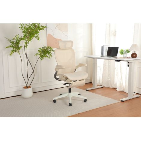 Chaise de bureau ergonomique pliable avec appui lombaire, dossier en maille, crème, OKWISH (1/5)