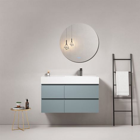 Mobile bagno sospeso 100 cm Blu Avio Lavabo a Destra in Resina Specchio Tondo - Fiji Paint (1/4)