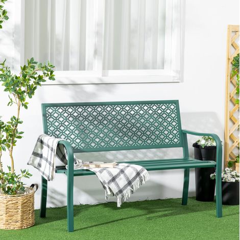 MODFU – Panchina da giardino 2 posti con schienale e braccioli, 127x63x83 cm, struttura in acciaio verde scuro (1/5)