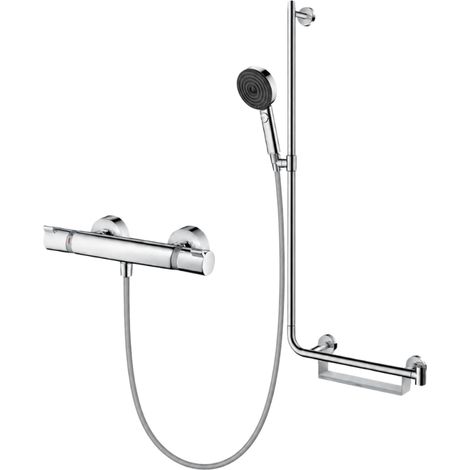 Grifo termostático mezclador HANSGROHE Ecostat Comfort + barra de apoyo derecha Unica + cabezal de ducha Pulsify Select de 3 chorros + manguera flexible Metaflex