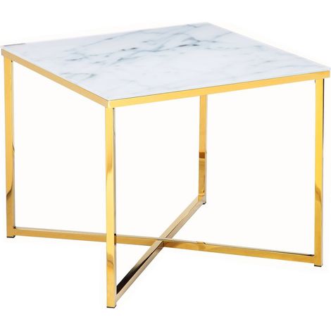 Table d'appoint carrée bout de canapé en verre effet marbre blanc et métal doré 50x50x42 cm - PANGIVO (1/5)