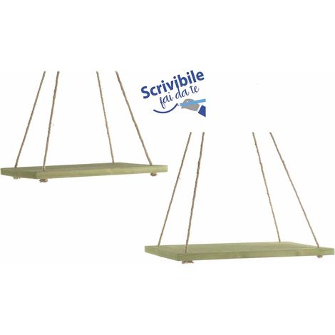 Ripiani in legno ad altalena verde con corda da appendere in set da due pezzi, Grande: cm 40 x 28 x 1,5 H