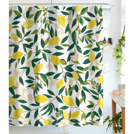 Rideau de Douche en Tissu imperméable avec 12 Crochets, Motif Citron, Fruits, Feuilles Vertes, Plantes, 200 x 180 cm