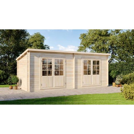 Alpholz – Abri de jardin bois Maria Twin 28 mm – Surface 13,29 m² – Dimensions 598 x 272 cm – 2 portes doubles en verre – Traitement étanche (1/5)