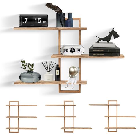 ÉTagèRe Murale Flottante à 3 Niveaux - Cadre en ChêNe - ÉTagèRe De Rangement CarréE Rustique pour Salon, Chambre à Coucher - Bois Naturel (1/5)