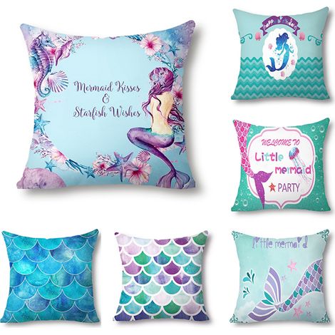 Lot de 6 housses de coussin déco sirène 45x45 cm en coton thème océan pour enfant fille canapé chambre (1/5)
