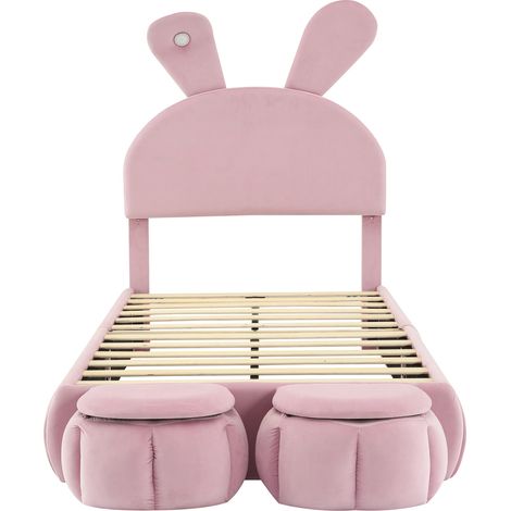 Lit enfant 90x200 cm en velours rose avec oreilles de lapin et LED, MODENUIT (1/5)