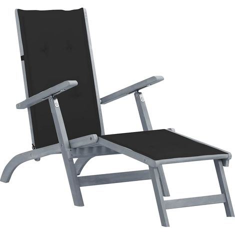 Chaise longue d'extérieur repose-pied et coussin Acacia solide