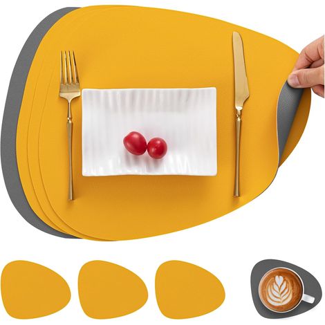 Lot de 4 sets de table double face, antidérapants, lavables et imperméables, gris et jaune. (1/5)