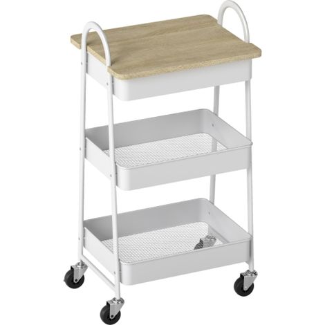 White and Oak 3-Tier Rolling Kitchen Storage Cart with Cover Top Board for Easy Organization