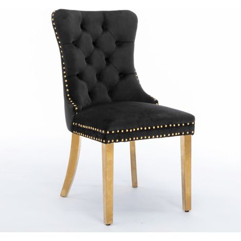 Chaises de salle à manger contemporaines haut de gamme — en bois massif, capitonnées et revêtues de velours — dotées de pieds en acier inoxydable plaqué or et d'accents cloutés — Lot de deux, coloris 